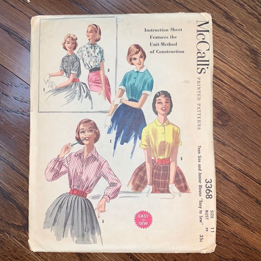 Vtg McCall’s 1955 teen & junior blouse pattern